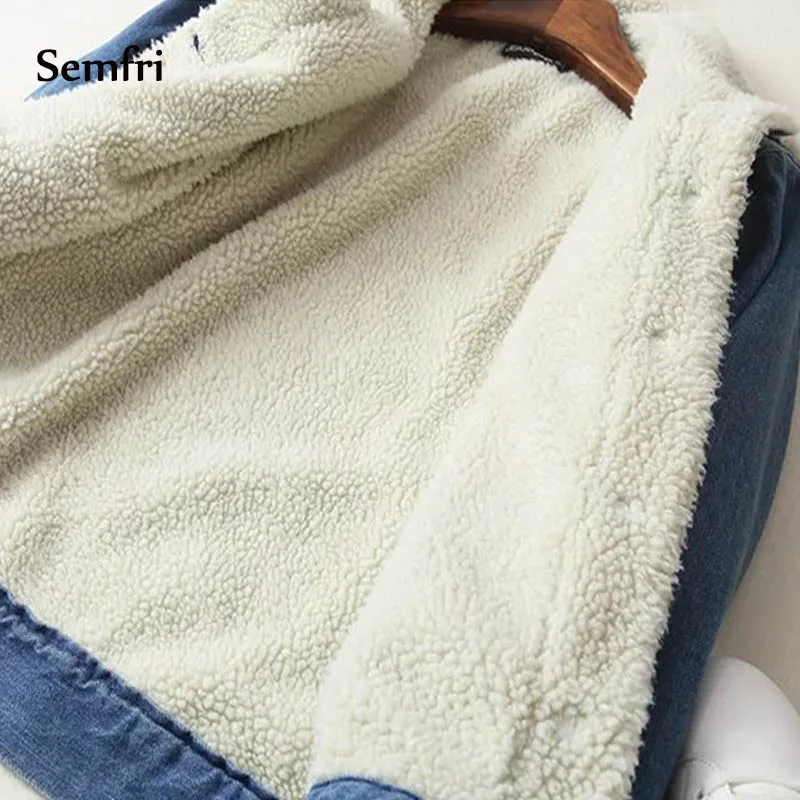 Semfri куртка зимняя женская джинсовая с мехом овечьей шерсти chaqueta mujer 2019 длинным