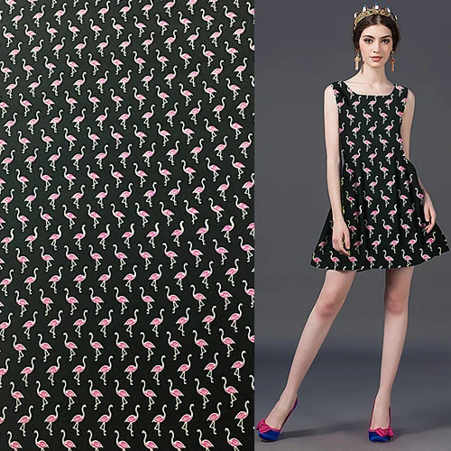 

Flamingos print on black background pure silk crepe de chine fabric,SCDC1039