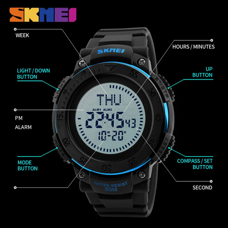Skmei في البوصلة ووتش رجال الرياضة المعصم الرقمية العد التنازلي كرونو الجيش العسكرية الساعات ماء relogio masculino