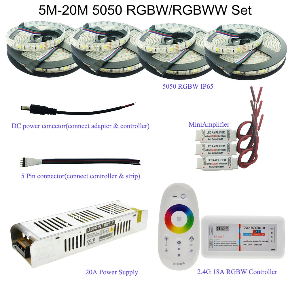 

5M/10M/15M/20M 5050 RGBW/RGBWW LED Strip Set With 2.4G Touch Screen RF Remote Controller+12V Power Supply Adapter+Amplifier