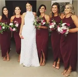 Бордовые Длинные платья подружки невесты на бретельках Низкий вырез на спине длина до лодыжки летние свадебные праздничные платья 2019