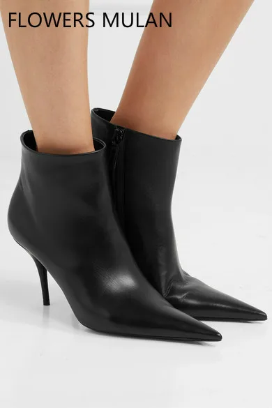 

Spring New European Style Concise Women Boots Pointed Toe Black Leather Upper Ankle Boots Thin High Heels T Show Party Shoes