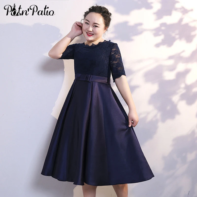 

Elegant Tea-length Navy Blue Satin Evening Gowns For Wedding 2019 Neck Plus Size Mother Of The Bride Dresses With Half Sleeves