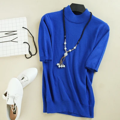 ATTYYWS, Женский кашемировый свитер с высоким воротом, короткий рукав, вязаный свитер, футболка, базовый шерстяной кашемировый брендовый свитер, женский шерстяной свитер - Цвет: Синий