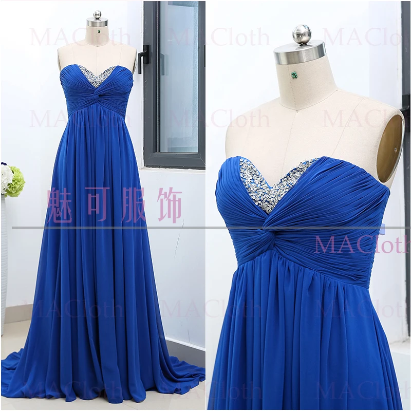 

Blue A-Line Strapless Floor-Length Beading Chiffon Prom Party Formal Evening Dress M 261423