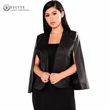 

2020 Black Spring Autumn PU Leather Jackets V Neck Notched Bomber Jacket Plus Size Women Split Club Party Outerwear Coat Okb798