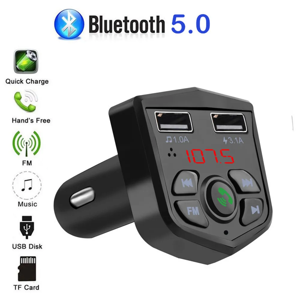 Bluetooth 5.0 Voltage Digital Display Car FM Transmitter Handsfree Dual 2 USB Phone Charger 3.1A 1A TF Card U disk MP3 player best type c car charger