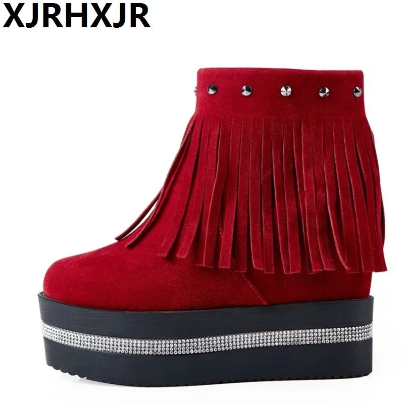 

XJRHXJR Fashion Tassle Ankle Boots Women Autumn Winter Side Zipper Platform Boots Ladies Sweet Rhinestone High Heels Short Boots