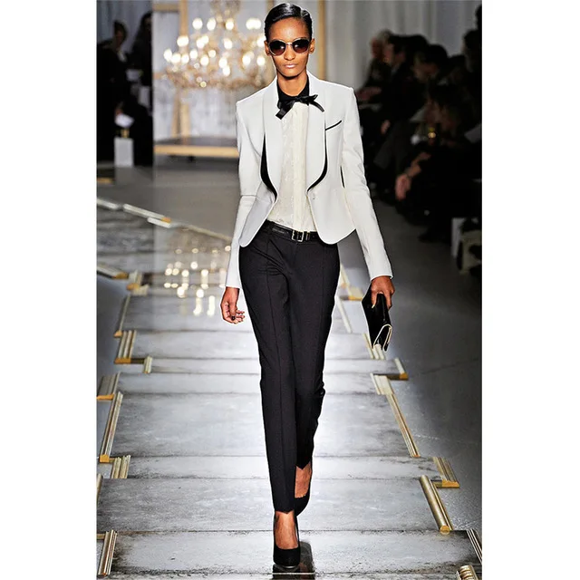 

Spring Women 2 Piece Suits Black And White Office Uniform Women Business Tuxedos Female Trouser Suits Formal Wear Work