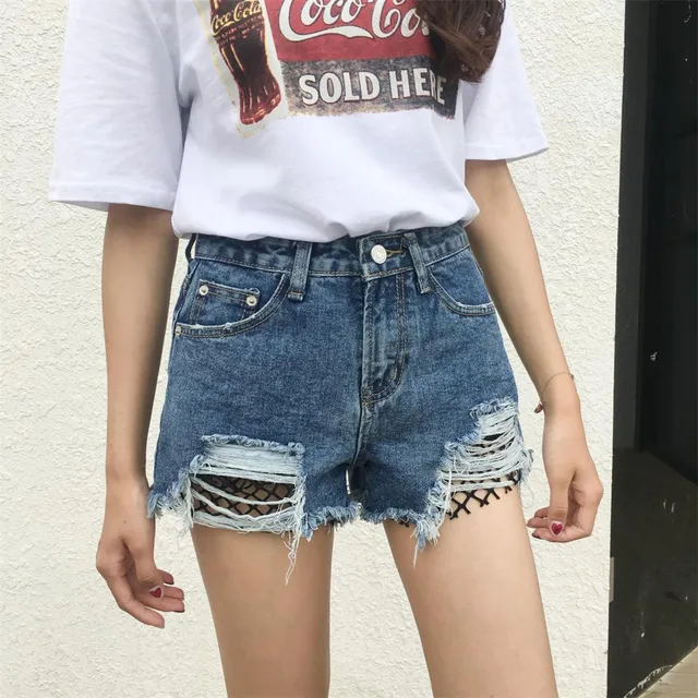 2018 Summer High Waist Hole Sex Denim Shorts Women Mesh Stitching 