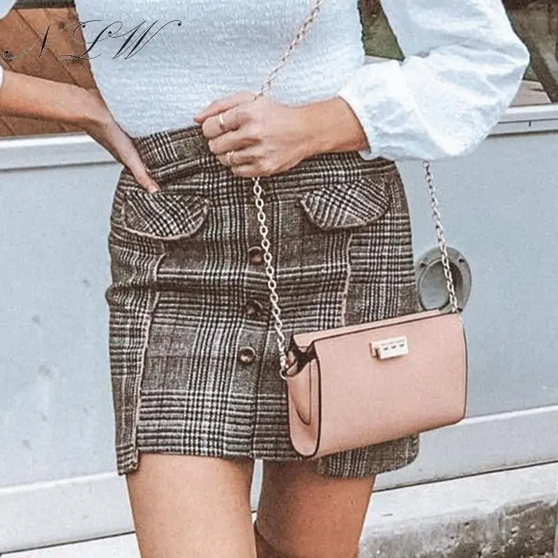

NLW Autumn Winter Thick Plaid Skirt Button Brown High Waist Short Skirt Women Back Zipper Vintage Mini Skirt Faldas Mujer 2019