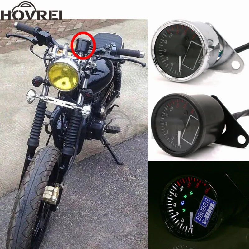 

Universal Motorcycle Chrome black Digital LCD Speedometer Odometer Tachometer Fuel Gauge for Cruiser Bobber Chopper Cafe Racer