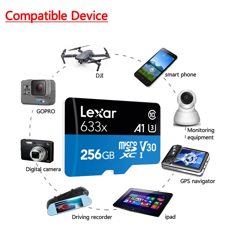 Lexar Original 633x 95 МБ/с./с Micro SD 256 ГБ 512 Гб карты 32 SDHC Class10 64 128 карта памяти Адаптер для Gopro