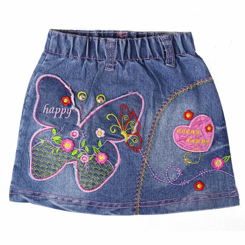 Children Skirts Baby Butterfly Flower Heart Pattern Embroidery Crystal Button Denim Mini Kid