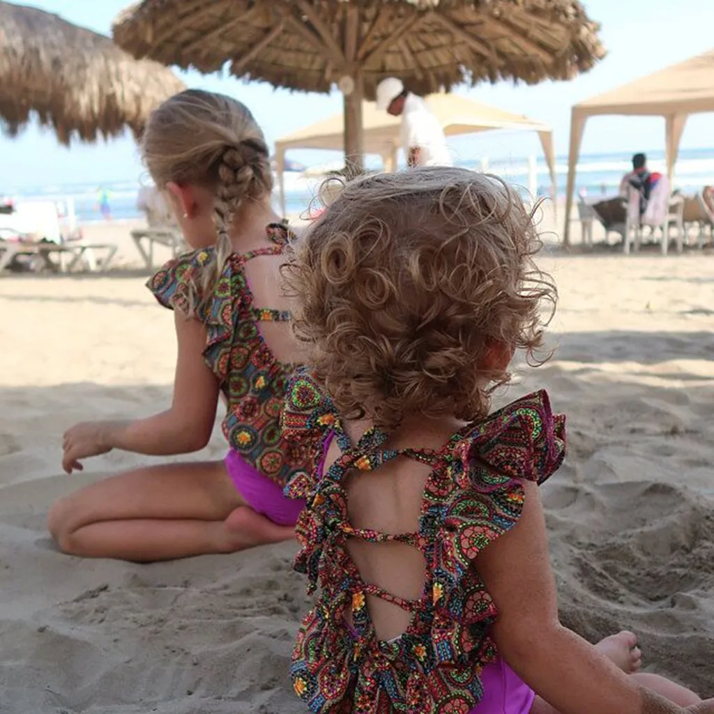 Летний цельный купальный костюм с цветочным принтом и шнуровкой для девочек детский купальный костюм с оборками и открытой спиной пляжная одежда для маленьких детей, купальный костюм Монокини