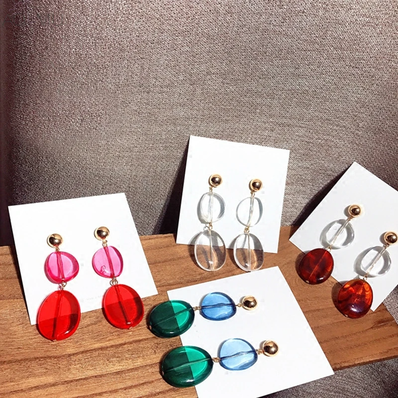 

AOMU 2018 Korea Design Candy Color Transparent Acrylic Oval Water Drop Long Earrings Irregular Geometry Drop Earrings for Women