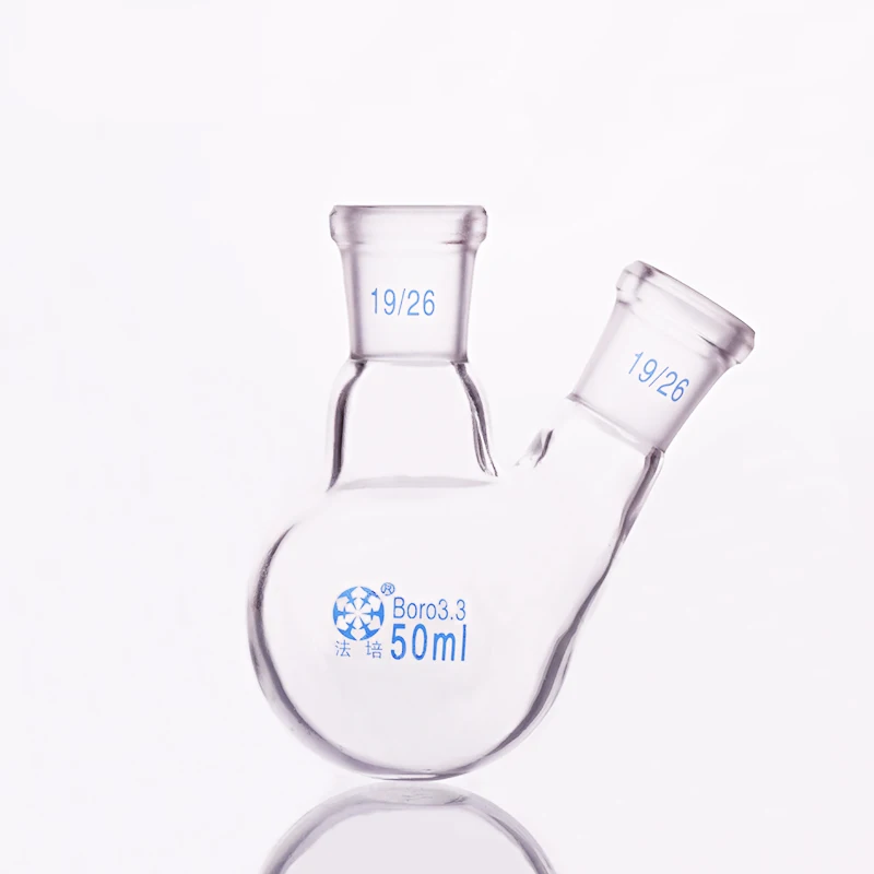 

FAPE Two-necked flask oblique shape,with two necks standard grinding mouth,25ml-50ml-500ml,Mid 19/26,Side 19/26