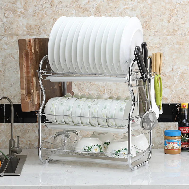

Stainless Carbon Steel Tableware Storage Rack Three Layers Cup Holder Kitchen Storage Bowls Rack Dishes Holders Organization