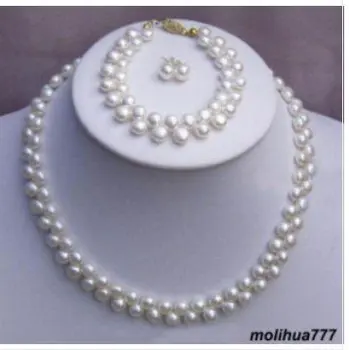 

2 Rows Genuine White Pearl Necklace Bracelet Earrings