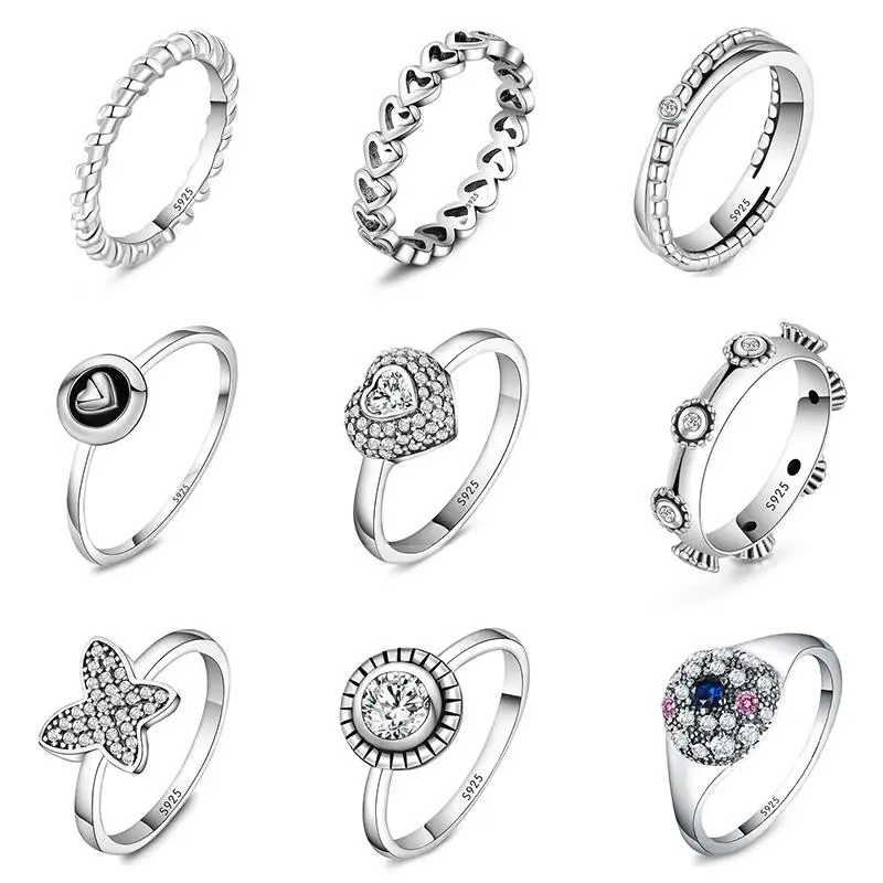 

9 Style 1Pcs Women 925 Sterling Silver Rings Jewelry Full Crystal Flower Butterfly Style Ring For Women Jewelry