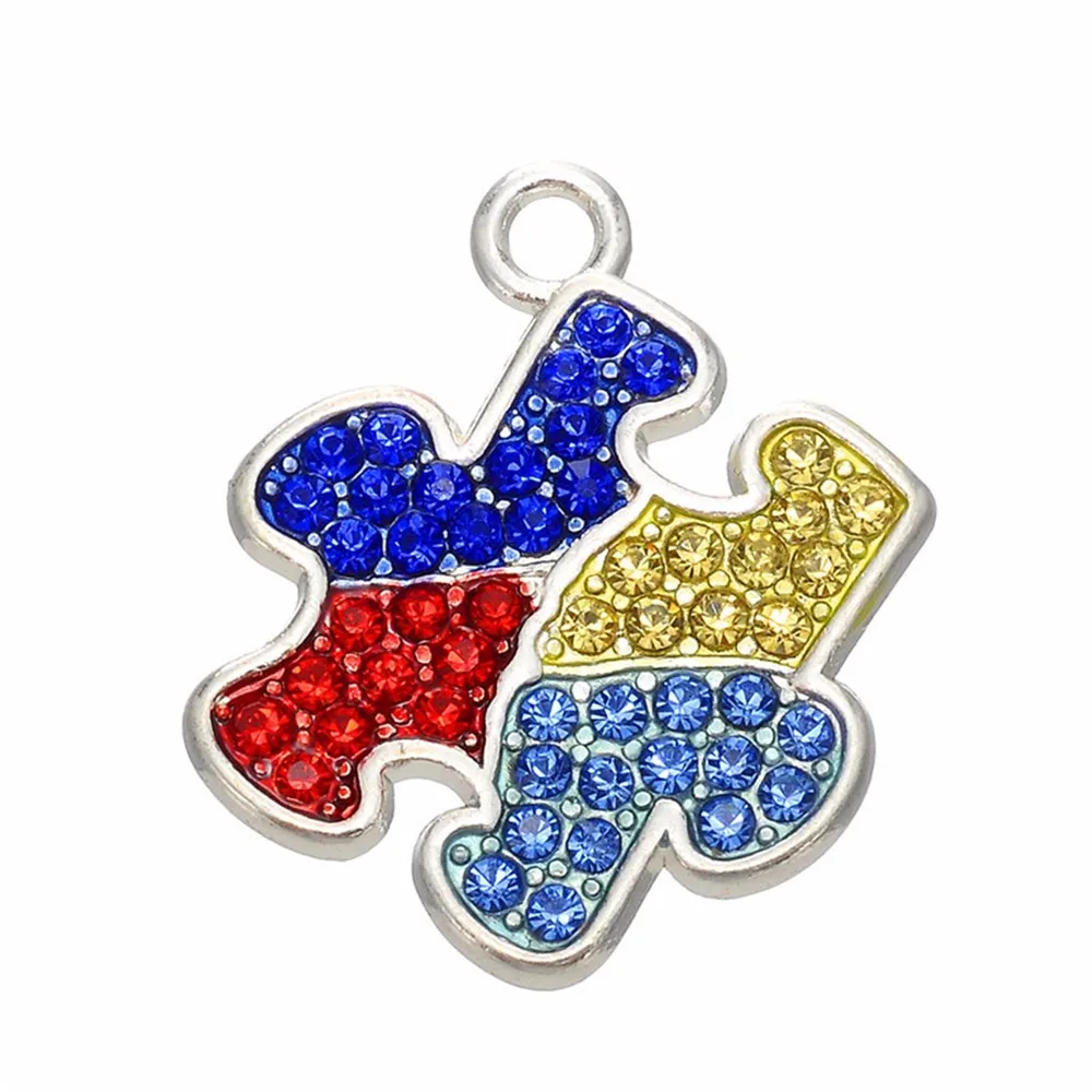 Crystal Jigsaw Puzzle Piece Autism Charm Pendant For Bracelets