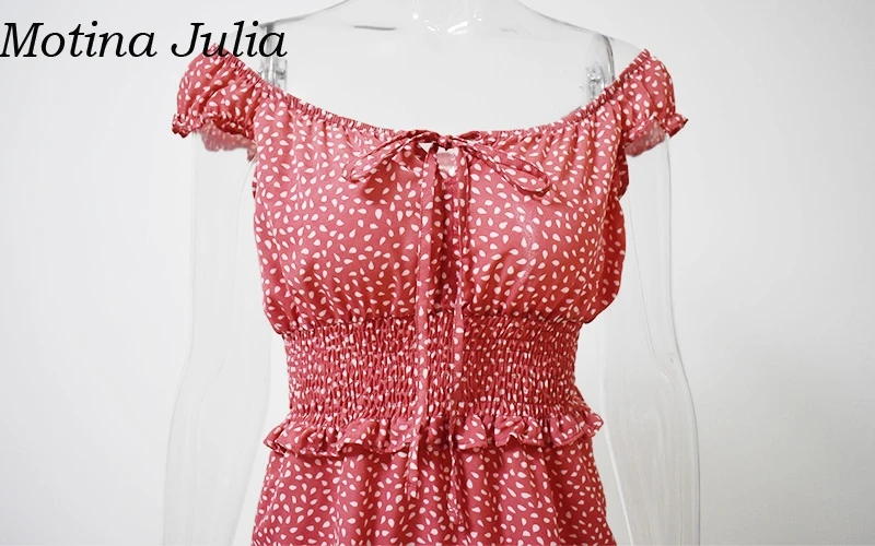 Motina Julia, сексуальное платье в горошек с открытыми плечами, летнее шифоновое короткое платье с оборками, женское повседневное мини-платье vestidos