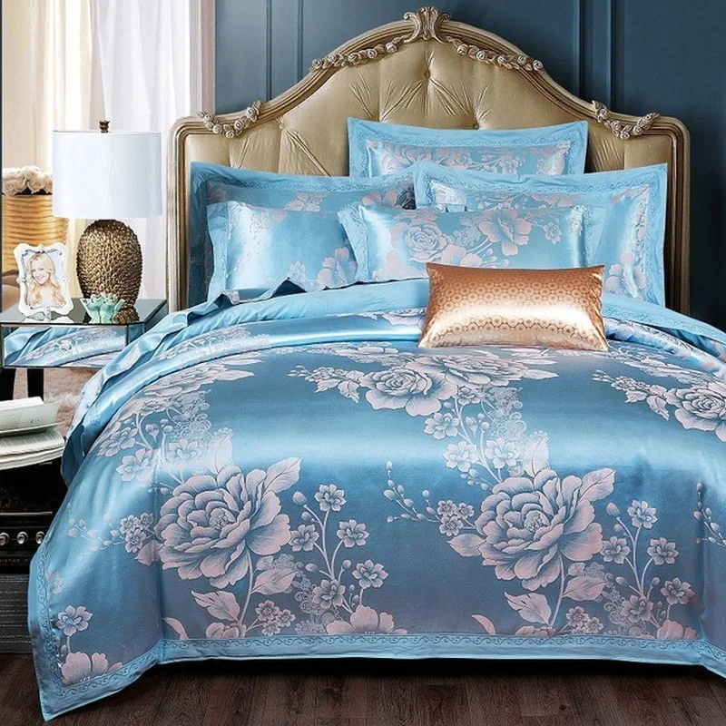 

2.2*2.4M Comforter Bedding Sets Tencel Silk Luxury Duvet Cover Bed Sheet Hot Sale Queen King Double Blue Jacquard Bed Linens Set