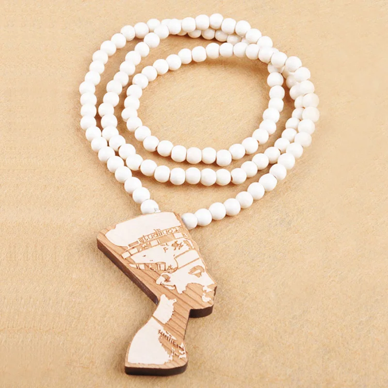 

New Hip Hop Egypt Pharaohs Cleopatra Wood Pendant Necklace For Men Long Beads Chain Maxi Chain Necklace Jewelry Gift Colares