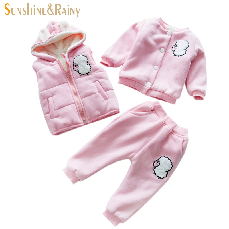 

Baby Clothing Sets Lovely Sweater+Vest+Pants 3Pcs Suit Kids Winter Warm Parkas Coat Thick Plush Cartoon Sheep Tracksuit For Girl