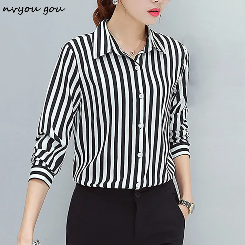 

nvyou gou Women V Neck Stripe Long Sleeve Blouse Office Lady Casual Button Down Shirt 2019 Spring Autumn Fashion Top Plus Size