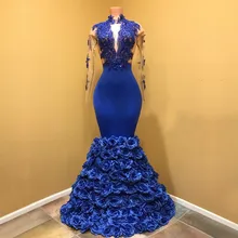 Robe de soiree, королевское синее вечернее платье, Русалка, длинный рукав, кружево, расшитое бисером, 3d Цветы, саудовская Арабская, женское, официальное, вечернее платье