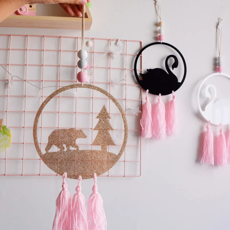 

Kids Room Decor Nordic Swan Flamingo Pendant Wooden Beads With Tassel Dream Catcher Wall Hanging Toy Kid Birthday Christmas Gift