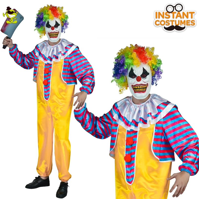 Mens Evil Killer Clown Costume Halloween Horror Circus Fancy Dress Outfit