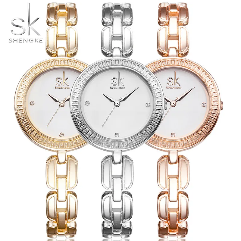 SK новые модные розовые Золотые женские часы-браслет с бриллиантами, Роскошные наручные часы с ремешком из нержавеющей стали, кварцевые часы, простое время
