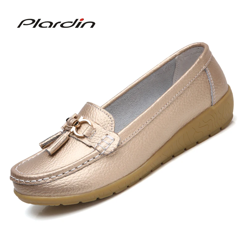 

Plardin 2019 Autumn New Leather middle-aged Mother Shoes women's Single Shoes Peas Shoes Leather Soft Bottom Wedge Loafers