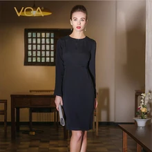 VOA navy blue pencil dresses ladies long Sleeve o neck knee length Dress high waist silm drdss plus size A5312
