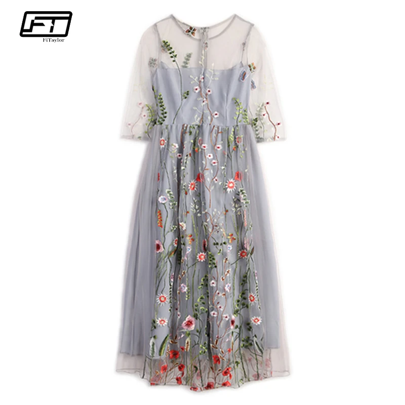 Fitaylor 2018 Fashion Embroidery Floral Plus Size Women Dress For Summer Casual Long Dress Vintage Evening Party Dresses Mujer