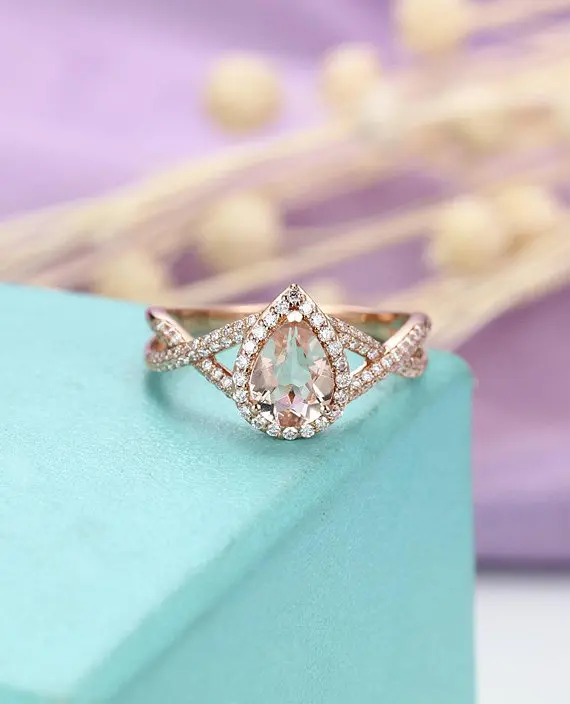 

MYRAY Pear Shaped Natural Pink Morganite Diamond 14k Rose Gold Engagement Ring Wedding Band Bridal Women Anniversary Gift White