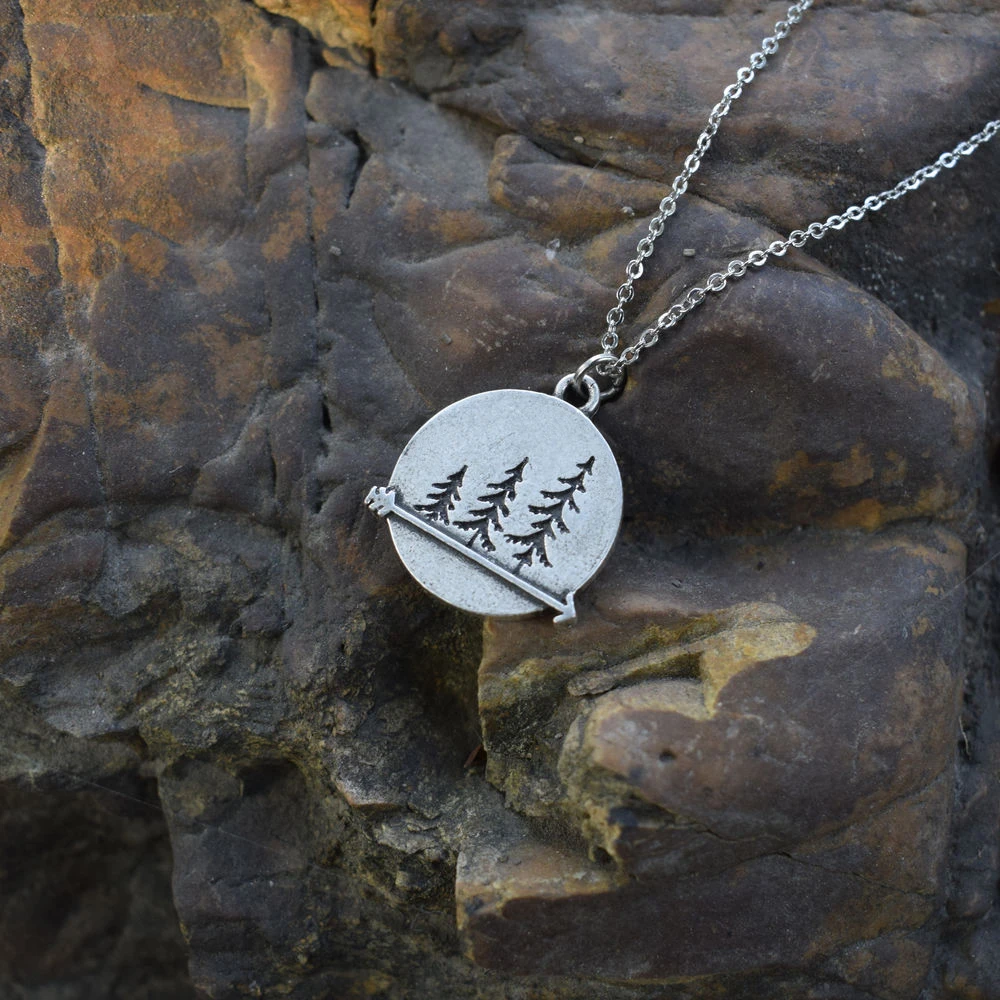 Three Pine Tree Necklace Nature Forest Pine Adventure Awaits Hiking Gift For Her Outdoors Womens Pendant Necklaces 1pcs
