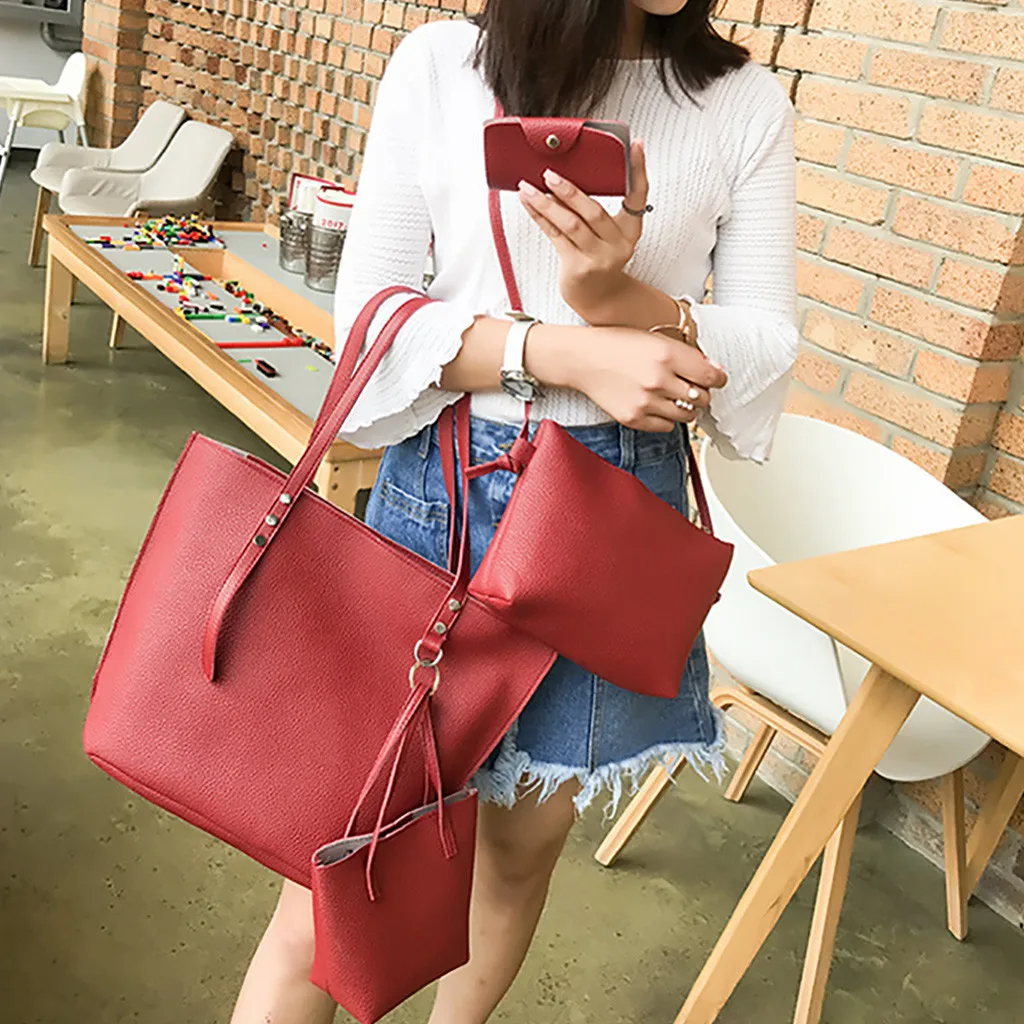 4Pcs Folding Women Big Size Handbag Tote Ladies Casual Pattern Leather Shoulder Bag+Crossbody Bag+Handbag+Wallet#3