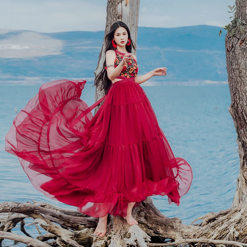 

HAMALIEL Summer Embroidery Chiffon Red Maxi Dress Vintage Retro Women Sleeveless Hollow Out Bowknot Long Holiday Ball Gown Dress