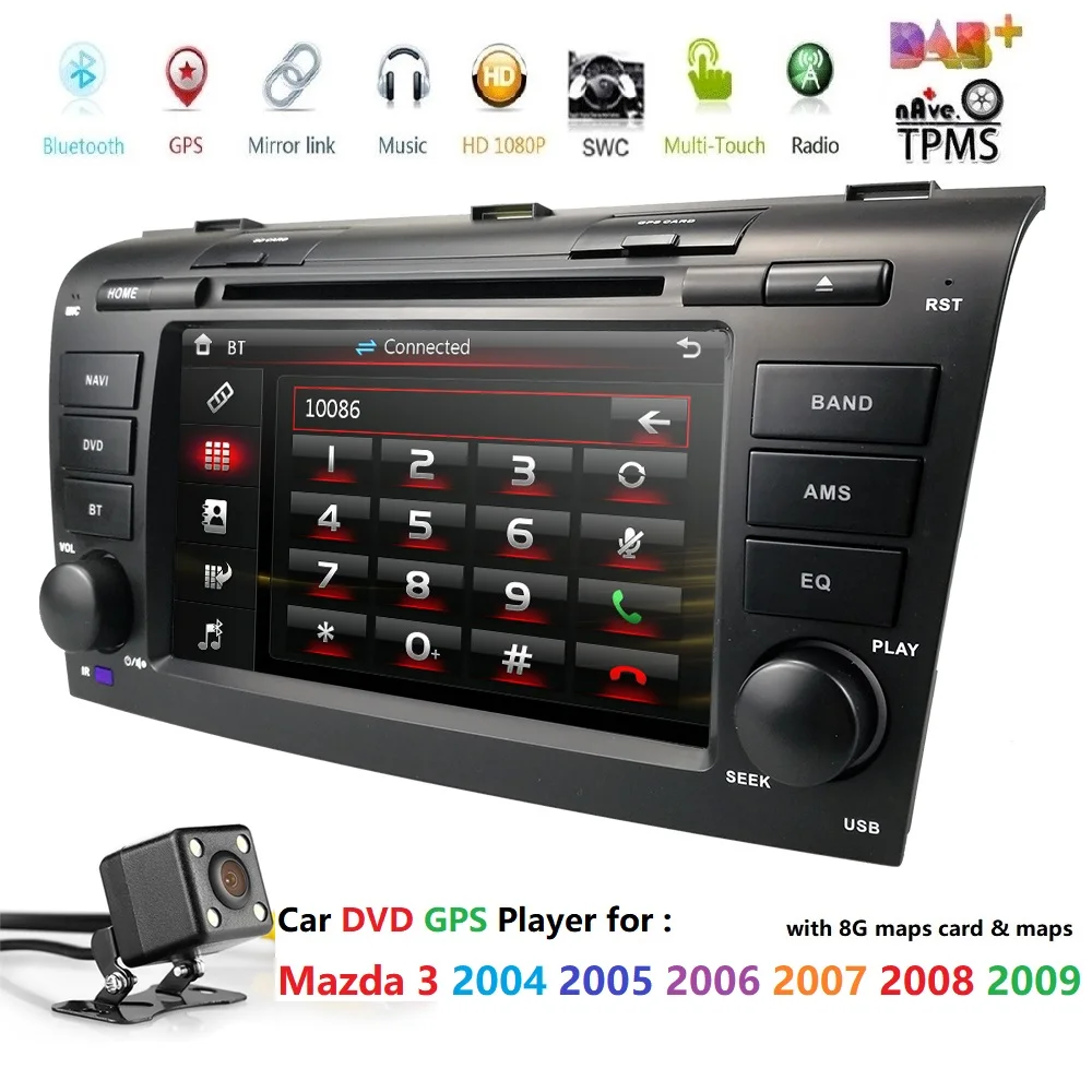 Дешевый Автомобильный dvd плеер с ОС WinCE 6,0 Fit Mazda 3 gps Навигации 2Din руль 800*480 SD радио Bluetooth ТВ DAB + коробка DVB T заднего вида CAM
