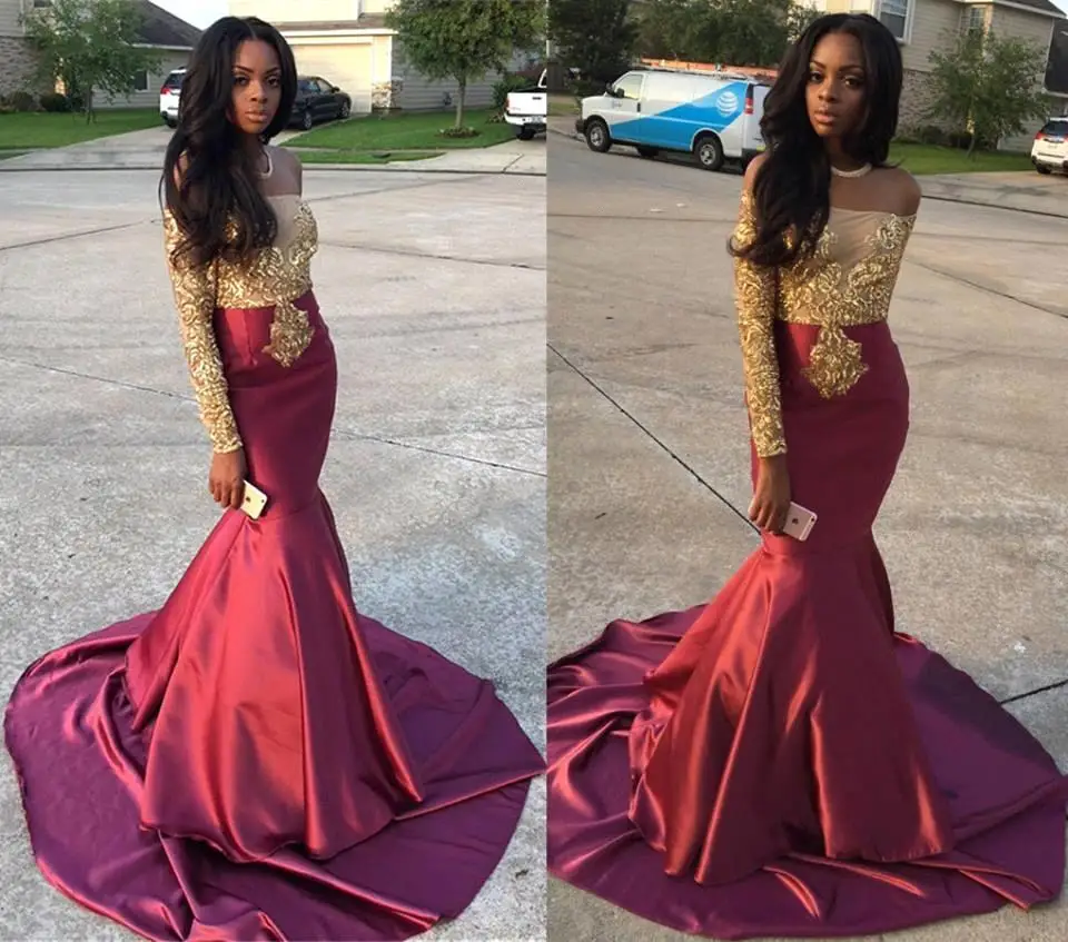 

Long Burgundy Mermaid Prom Dresses 2020 Elegant See Through Gold Sequin Top Long Sleeve African Black Girl Party Prom Dress