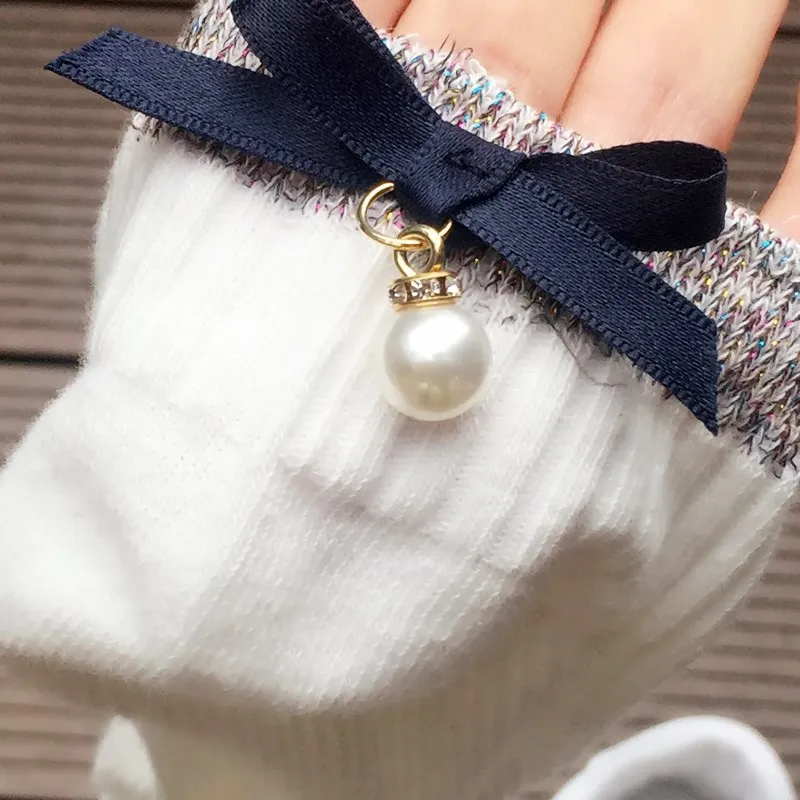 [EIOISAPRA]Pure Color Cotton Fashion Kawaii Pearl Bow Tie Socks Women College Style 6 Colors Funny Socks Calcetines Mujer