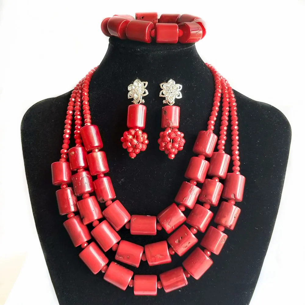 

3 Rows Red Coral Beads Jewelry Set for Women African Wedding Beads Bridal Statement Necklace Nigerian Costume Jewellery Set