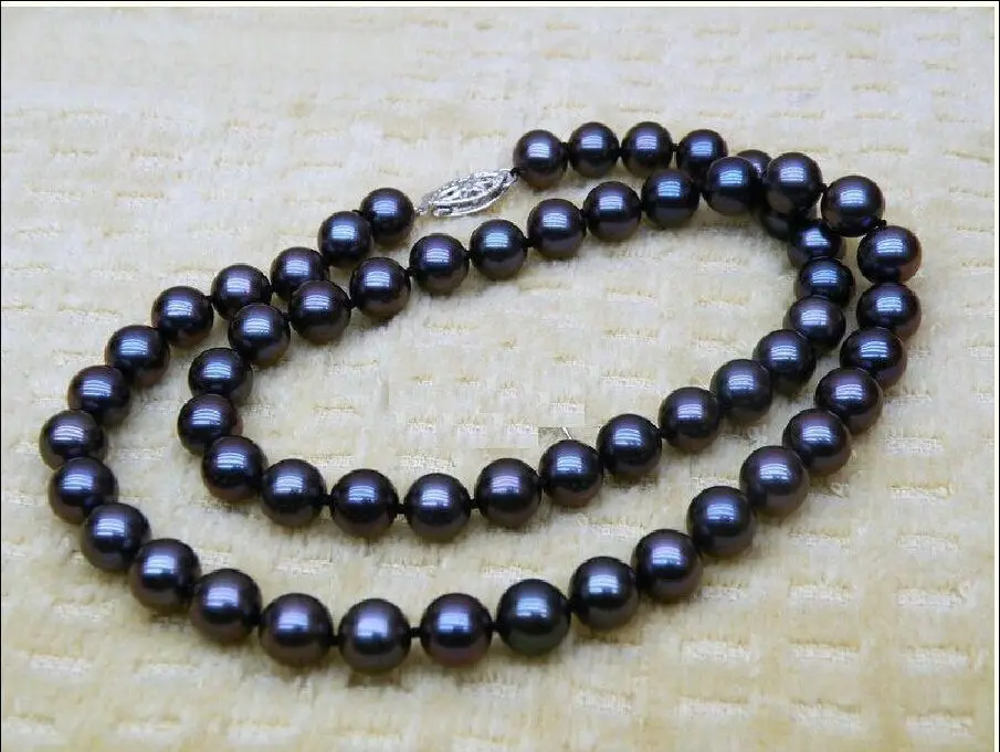 

AAA 9-10MM ROUND SOUTH SEA GENUINE BLACK PEARL NECKLACE 925silver WHITE GOLD CLASP
