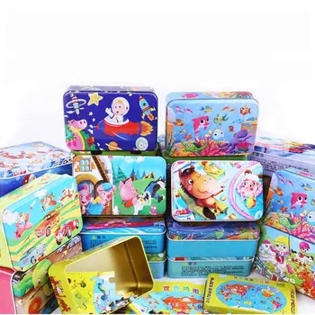 

60Pcs/Set 3D Wooden Puzzle Cartoon Toy Jigsaw Puzzle with Iron Box Early Educational Montessori Toys for Children