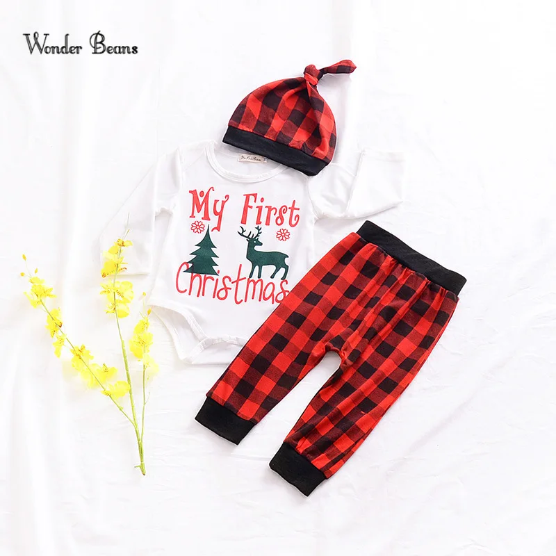 

Baby Boy Clothes Newborn Baby Girl Christmas Outfits White Bodysuit Red Black Plaid Pants Hat 3 Pieces Fall Baby Girl Clothes