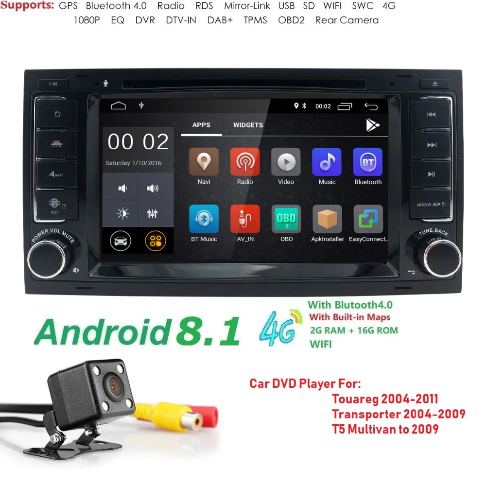 

4 Core+2GB RAM+4G LTE Android9.0 Car DVD player For VW TOUAREG T5 Multivan GPS WIFI Bluetooth RDS Radio TPMS Camera SWC DVR DAB+