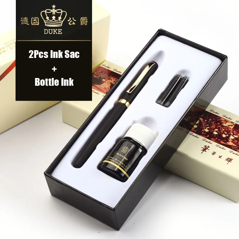 Baratos Duque de lujo 209 negro y oro 0,5mm pluma fuente con 2 piezas de tinta Sac 1 piezas botella de tinta de Metal bolígrafos de acero para regalo envío gratis